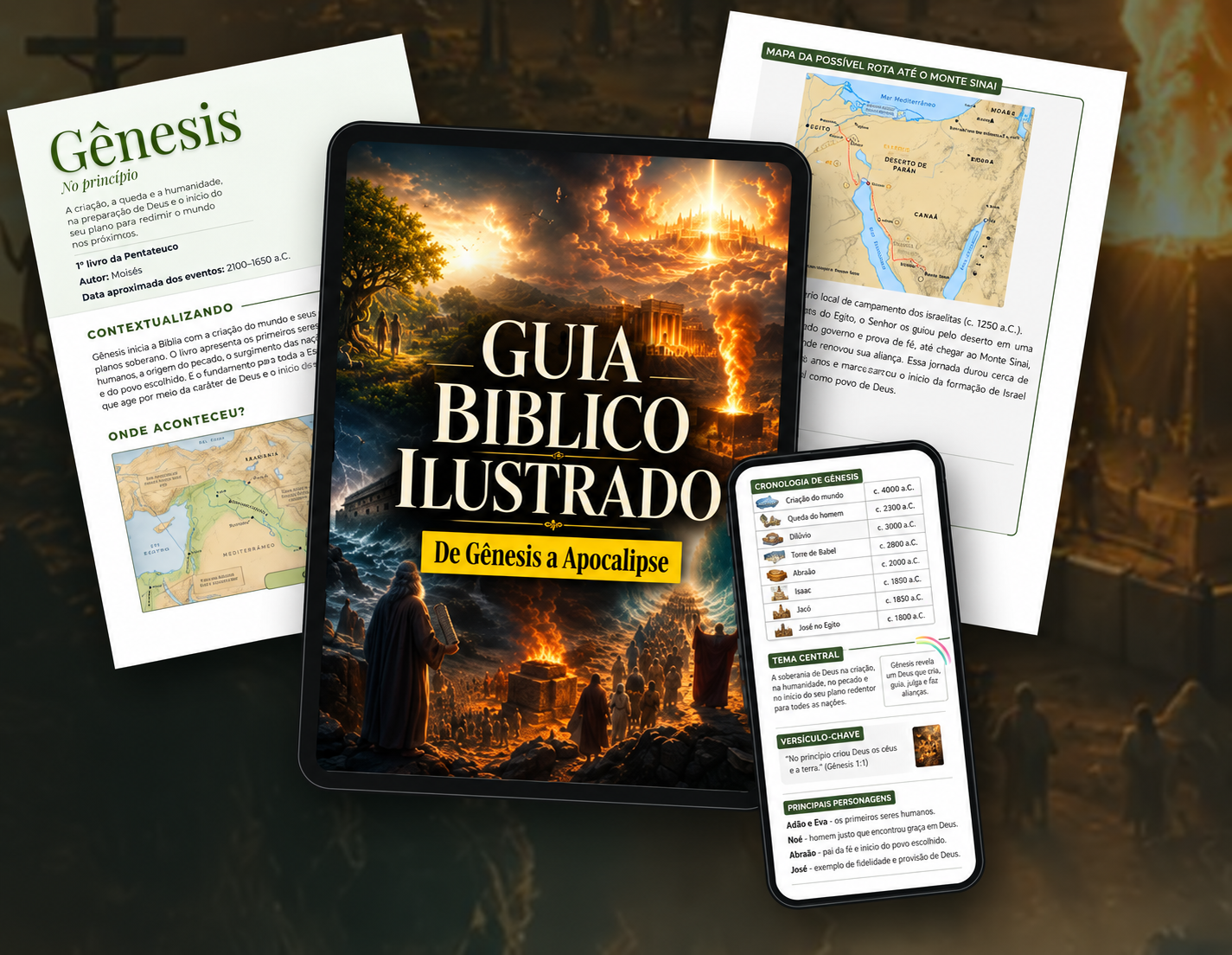 O GUIA BIBLICO ILUSTRADO aberto em um tablet e em um celular, com as páginas de Gênesis e do mapa do Êxodo ao fundo