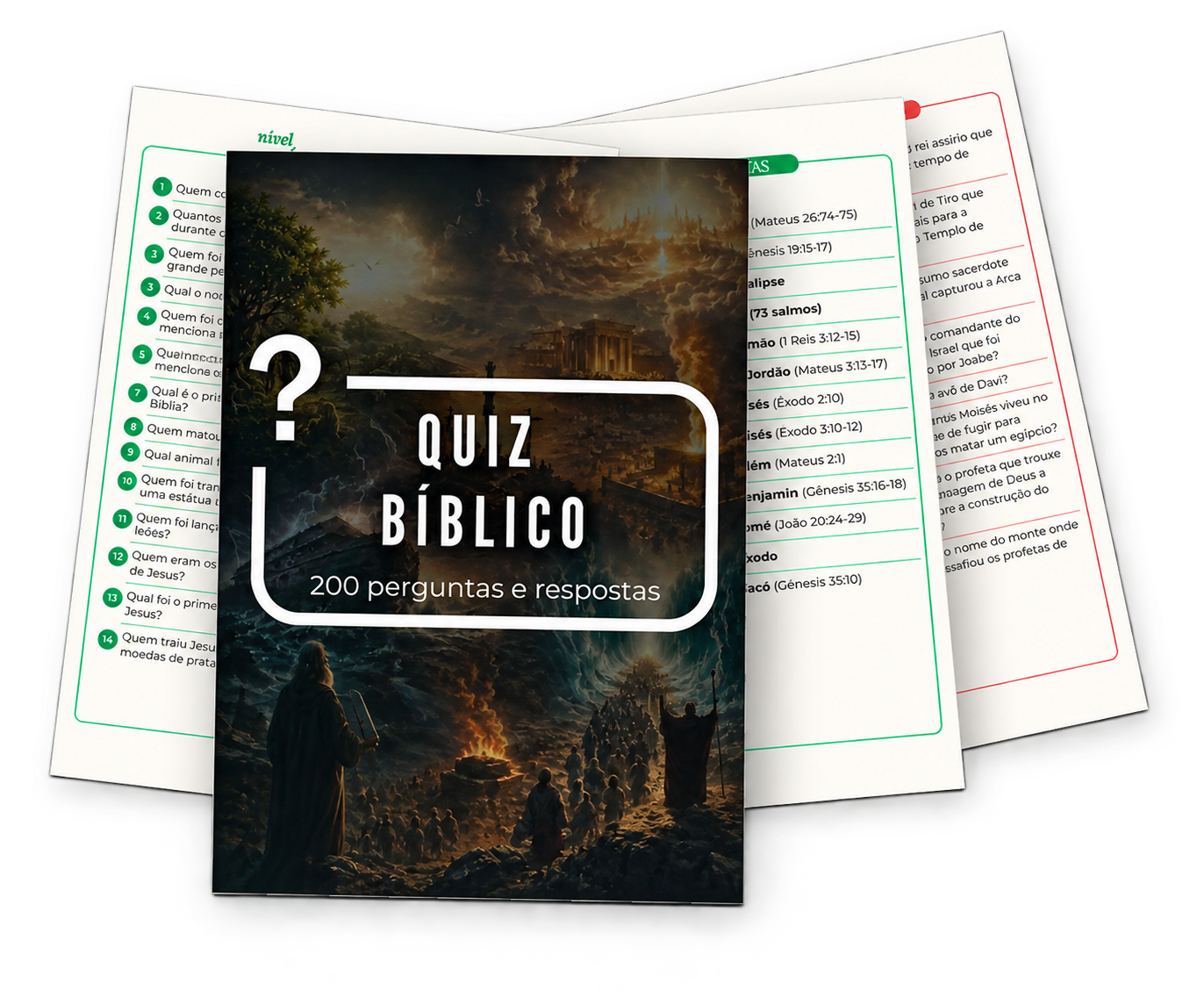 Capa do Quiz Bíblico com páginas de perguntas e respostas ao fundo